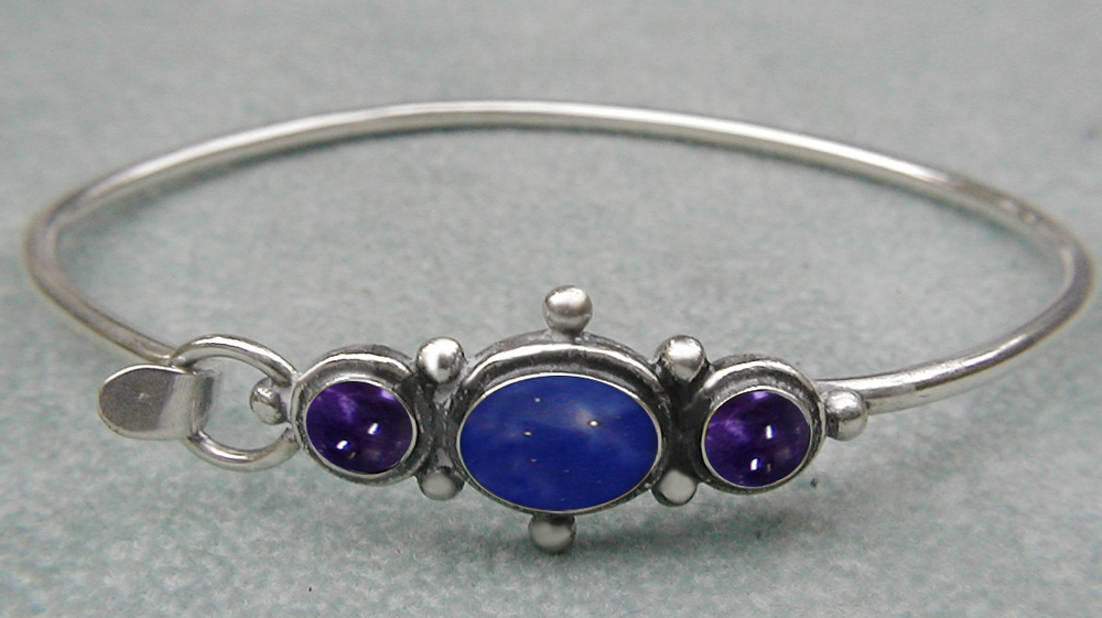 Sterling Silver Victorian Inspired Strap Latch Spring Hook Bangle Bracelet with Lapis Lazuli And Iolite